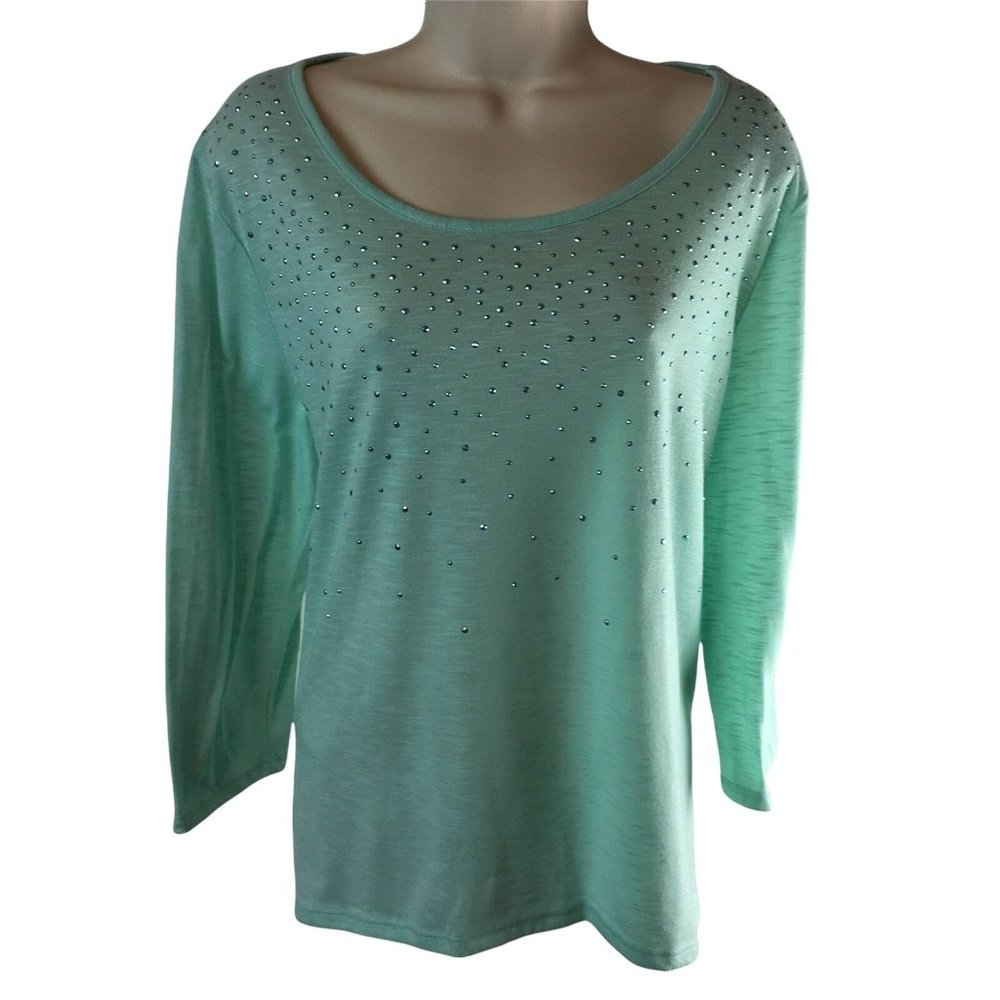 Turquoise Shirt New York and Co  XL Blouse Top  Burnout Rhinestones u